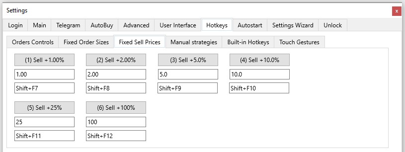 Moonbot Terminal: Settings tab – Hotkeys: Fixed Sell Prices